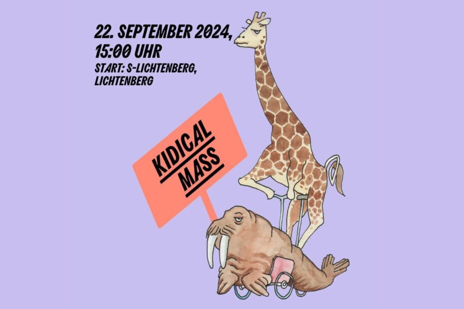 22. September 2023 15 Uhr Start: SLichtenberg, Lichtenberg. Kidical Mass. Illustration einer Lastenradfahrenden Giraffe mit Walross im Laderaum.